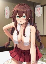 Rule 34 | 1girl, braid, breasts, brown hair, commentary request, covered erect nipples, flying sweatdrops, futon, green eyes, hair between eyes, hand on own hip, highres, ichikawa feesu, indoors, kantai collection, large breasts, leaning forward, long hair, looking at viewer, miniskirt, motion lines, navel, noshiro (kancolle), open mouth, pleated skirt, red skirt, skirt, solo, speech bubble, sweat, tatami, topless, towel, towel around neck, translation request, twin braids