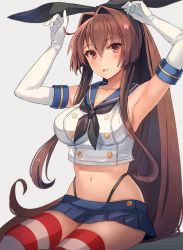 Rule 34 | 1girl, armpits, arms up, blush, bow, breasts, brown hair, cosplay, elbow gloves, flower, gloves, hair bow, hair flower, hair ornament, highres, kantai collection, kasumi (skchkko), large breasts, long hair, microskirt, midriff, miniskirt, navel, neckerchief, parted lips, pleated skirt, ponytail, red eyes, sailor collar, shimakaze (kancolle), shimakaze (kancolle) (cosplay), sidelocks, sitting, skirt, solo, striped clothes, striped thighhighs, thighhighs, thong, very long hair, yamato (kancolle)