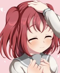 Rule 34 | 1girl, artist name, artist request, blush, breasts, clenched hands, close-up, closed eyes, collarbone, female focus, hair between eyes, hand on another&#039;s head, heart, heart (symbol), kurosawa ruby, long sleeves, looking at viewer, love live!, love live! sunshine!!, okuraba (okuraburst0804), okuraburst0804, parted lips, red hair, sailor collar, school uniform, shirt, short hair, smile, solo, twintails, two side up, upper body, uranohoshi school uniform, white shirt