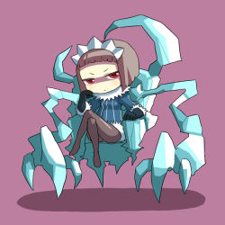 Rule 34 | 1girl, blunt bangs, bob cut, brown hair, brown pantyhose, claws, coat, elbow gloves, floating, fur collar, fur trim, glaring, gloves, head rest, hime cut, huge weapon, ice, ice tentacles, ken (koala), legs, looking at viewer, no shoes, original, pantyhose, purple background, queen of icicle, red eyes, shadow, short hair, sitting, solo, throne, tiara, weapon