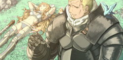 Rule 34 | 1boy, 1girl, animal, animal on shoulder, arm strap, armor, arms behind head, beard, benny (fire emblem), bikini, bikini armor, bird, bird on shoulder, blonde hair, blue bikini, boots, bow, brown eyes, charlotte (fire emblem), closed mouth, day, closed eyes, facial hair, fire emblem, fire emblem fates, garter straps, gauntlets, hair bow, long hair, lying, mooncanopy, nintendo, on back, outdoors, pauldrons, short hair, shoulder armor, smile, swimsuit, thigh boots, thighhighs, very long hair, white bikini, white bow