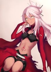 Rule 34 | 1girl, akatsuki ikki, braid, breasts, cape, chloe von einzbern, cloak, dark-skinned female, dark skin, elbow gloves, fate/grand order, fate (series), gloves, hair between eyes, highres, long hair, looking at viewer, shorts, silver hair, simple background, smile, solo, stomach, tattoo, tongue, tongue out, waist cape, white background, yellow eyes