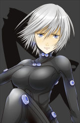 Rule 34 | 00s, 1girl, blue eyes, breasts, gantz, gantz suit, highres, large breasts, looking at viewer, mary mcclane, short hair, silver hair, solo, uni+