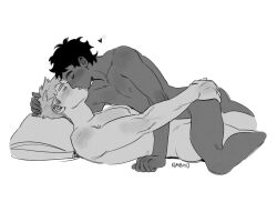 Rule 34 | 2boys, artist name, blush, bombyoon, closed eyes, completely nude, dark-skinned male, dark skin, dungeon meshi, feet out of frame, french kiss, greyscale, hand on another&#039;s ass, hand on another&#039;s head, hashtag-only commentary, heart, highres, kabru, kiss, laios touden, lying, male focus, monochrome, multiple boys, nude, on back, pillow, short hair, simple background, very short hair, white background, yaoi