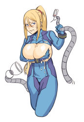 Rule 34 | 1girl, blonde hair, blue bodysuit, blue eyes, blue gloves, blush, bodysuit, breasts, breasts out, clenched teeth, covering nipples, covering privates, cropped legs, drugs, dyun, gloves, hair between eyes, highres, huge breasts, lactation, long hair, mechanical tentacles, metroid, metroid (classic), mole, mole under mouth, nintendo, ponytail, samus aran, simple background, solo, standing, teeth, white background, zero suit