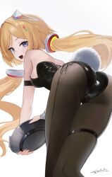 Rule 34 | 1girl, absurdres, aki rosenthal, anizi, arm strap, artist name, ass, backless leotard, bare shoulders, bent over, black leotard, black pantyhose, blonde hair, blue eyes, breasts, commentary request, detached hair, fake tail, fingernails, headgear, highres, holding, holding tray, hololive, leotard, long fingernails, looking at viewer, looking back, low twintails, medium breasts, open mouth, pantyhose, parted bangs, playboy bunny, rabbit tail, revision, side-tie leotard, simple background, skindentation, smile, solo, strapless, strapless leotard, tail, thigh gap, thigh strap, tray, twintails, virtual youtuber, white background, white wrist cuffs, wrist cuffs