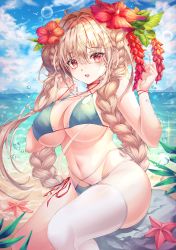 Rule 34 | 1girl, absurdres, ahoge, alternate costume, aqua bikini, azur lane, bare shoulders, beach, bent over, bikini, blue bikini, blue sky, blush, braid, braided bun, breasts, brown hair, choker, cleavage, cloud, collarbone, criss-cross halter, day, double bun, flower, formidable (azur lane), formidable (the lady of the beach) (azur lane), groin, hair between eyes, hair bun, hair flower, hair ornament, hair rings, halterneck, hibiscus, highres, horizon, huge filesize, large breasts, long hair, looking at viewer, lujang (fudge), multi-strapped bikini bottom, multi-strapped bikini top, navel, ocean, open mouth, outdoors, red choker, red eyes, red flower, rock, sand, side-tie bikini bottom, sidelocks, single thighhigh, sitting, skindentation, sky, solo, starfish, stomach, strap gap, swimsuit, thighhighs, underboob, very long hair, water