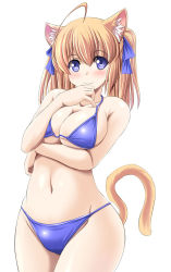 Rule 34 | 1girl, animal ears, bikini, blonde hair, blue bikini, blue eyes, blush, breast hold, breast rest, breasts, cat ears, cat tail, cleavage, curvy, hand on own chin, large breasts, milk (tonpuu), navel, original, pudding (tonpuu), smile, solo, standing, swimsuit, tail, tonpuu, twintails, wide hips