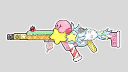 Rule 34 | aero lit, apex legends, assault rifle, commentary, crossover, from side, gordo, grey background, gun, highres, kirby, kirby (series), maxim tomato, nintendo, no humans, pun, r-301 carbine, rifle, sketch, star (symbol), weapon, weapon focus