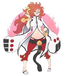 Rule 34 | 1girl, android 21, black panties, blazblue, blazblue: chronophantasma, breasts, candy, capri pants, cleavage, cleavage cutout, clothing cutout, dragon ball, dragon ball fighterz, earrings, food, frown, full body, glasses, hair between eyes, hand on own hip, highres, jewelry, kenshin187, kokonoe (blazblue), legs apart, lollipop, long hair, looking at viewer, nail polish, panties, pants, pince-nez, red pants, simple background, solo, standing, underwear, white background