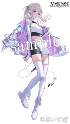 1girl asumi_sena belt boots cross-laced_footwear earrings full_body grey_hair highres jacket jacket_on_shoulders jewelry lace-up_boots long_hair long_sleeves looking_at_viewer midriff multiple_tails navel nishikikope off_shoulder sample_watermark shirt simple_background skirt solo standing tail thighhighs twintails two_tails virtual_youtuber vspo! watermark white_background white_belt white_boots white_jacket white_shirt white_thighhighs