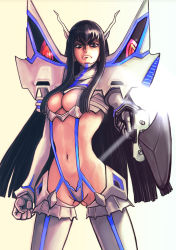 Rule 34 | 10s, 1girl, armor, black hair, blue eyes, breasts, frown, gloves, junketsu, kill la kill, kiryuuin satsuki, lkg5912, long hair, md5 mismatch, navel, resolution mismatch, revealing clothes, serious, solo, thighhighs, white background, white thighhighs
