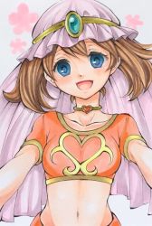 Rule 34 | 1girl, :d, arabian clothes, bad id, bad pixiv id, blush, breasts, brown hair, circlet, collarbone, creatures (company), eyelashes, female focus, game freak, happy, head tilt, heart, heart necklace, jewelry, looking at viewer, marker (medium), may (pokemon), medium breasts, midriff, navel, neck, necklace, nintendo, open mouth, pokemon, pokemon (anime), pokemon dppt (anime), short hair, smile, solo, soma somari, traditional media
