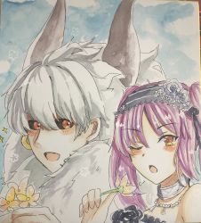 Rule 34 | 1boy, 1girl, :d, asterios (fate), black flower, black rose, black sclera, blue sky, blush, choker, colored sclera, earrings, euryale (fate), fate/grand order, fate (series), flower, grey hair, hair between eyes, highres, holding, holding flower, horns, jewelry, long hair, necklace, one eye closed, open mouth, orange eyes, photo (medium), purple hair, red eyes, rose, sky, smile, tanaji, traditional media