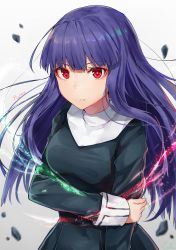 Rule 34 | 1girl, asagami fujino, black cola, black dress, breasts, character name, closed mouth, commentary request, dress, fingernails, grey background, heart, heart-shaped pupils, highres, kara no kyoukai, long hair, long sleeves, looking at viewer, medium breasts, purple hair, red eyes, reien girl&#039;s academy school uniform, school uniform, solo, symbol-shaped pupils, very long hair