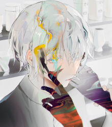 Rule 34 | 1boy, 1other, absurdres, blue eyes, blurry, bottle, closed mouth, colored skin, depth of field, expressionless, finger to another&#039;s cheek, glass, grey shirt, hair over one eye, hand on another&#039;s cheek, hand on another&#039;s face, heterochromia, highres, jar, looking at viewer, male focus, melting, multicolored hair, multicolored skin, original, parai0, shelf, shirt, short hair, upper body, white eyes, white hair