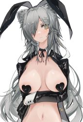 Rule 34 | 1girl, animal ears, areola slip, arknights, arm under breasts, black choker, black gloves, black jacket, blush, breasts, cat ears, choker, commentary, extra ears, fake animal ears, gloves, grey hair, hair ornament, highres, jacket, large breasts, long hair, looking at viewer, mikozin, navel, open clothes, open jacket, pasties, rabbit ears, schwarz (arknights), simple background, solo, sweatdrop, symbol, upper body, white background, yellow eyes