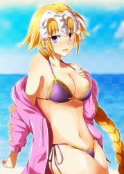 Rule 34 | 1girl, absurdly long hair, beach, blonde hair, blue eyes, blush, braid, breasts, cimeri, cleavage, collarbone, cowboy shot, day, fate/grand order, fate (series), headpiece, jeanne d&#039;arc (fate), jeanne d&#039;arc (ruler) (fate), jeanne d&#039;arc (white cruising) (fate), large breasts, long hair, looking at viewer, navel, open mouth, smile, solo, very long hair