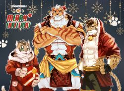 Rule 34 | 3boys, ;), abs, abs cutout, animal ears, animal print, arm behind head, bara, bell, blue eyes, brown hair, chest tuft, christmas tree, cleavage cutout, clothing cutout, commentary, crossed arms, emoji, fingerless gloves, fluffy, furry, furry male, gift, gloves, green eyes, hat, hood, hoodie, large pectorals, leopard boy, leopard ears, leopard print, leopard tail, lin hu (nekojishi), looking at viewer, male focus, merry christmas, multiple boys, muscular, muscular male, neck bell, nekojishi, one eye closed, orange eyes, orange fur, paw print, pectoral cleavage, pectorals, pelvic curtain, santa hat, short hair, smile, snake tattoo, snowflake background, solo, stomach, symbol-only commentary, tail, tattoo, tiger boy, tiger ears, tiger stripes, tora d, translated, upper body, white background, white hair, wreath, zipper