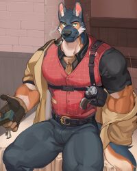 Rule 34 | 1boy, animal ears, another eidos-r, bara, barlitz (another eidos), belt, black belt, black shirt, bulge, coat, dog boy, dog ears, feet out of frame, furry, furry male, grey pants, gun, highres, holster, kani 1976, large pectorals, looking at viewer, male focus, multicolored fur, muscular, muscular male, necktie, notice lines, open clothes, open coat, pants, pectorals, red necktie, red vest, shirt, short sleeves, shoulder holster, sitting, smoking pipe, solo, tail, thick arms, tight clothes, v-taper, vest, weapon