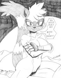 Rule 34 | 1girl, 2019, bandages, bed sheet, bedroom, bored, breasts, chest tuft, cleft of venus, covering privates, covering breasts, crossed arms, dated, english text, fingerless gloves, furry, gloves, half-closed eyes, highres, lemur, long tail, looking at viewer, monochrome, navel, nude, prensile tail, pussy, sega, short hair, signature, sonic (series), speech bubble, tail, tangle the lemur, tiquitoc, watermark, web address