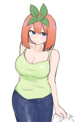 Rule 34 | 1girl, bag, bare arms, bare shoulders, blue eyes, blue pants, blush, breasts, camisole, cleavage, closed mouth, collarbone, commentary request, eyebrows hidden by hair, go-toubun no hanayome, green camisole, green ribbon, hair between eyes, hair ribbon, highres, holding, holding bag, kujou karasuma, large breasts, looking at viewer, medium breasts, nakano yotsuba, orange hair, pants, ribbon, signature, simple background, smile, solo, trash bag, white background