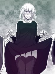 Rule 34 | 1boy, aged down, assisted exposure, bad id, bad pixiv id, blush, claude frollo, clothes lift, crossdressing, dress, dress lift, embarrassed, garter straps, marimo (yousei ranbu), monochrome, short hair, solo focus, sweatdrop, the hunchback of notre dame, thighhighs
