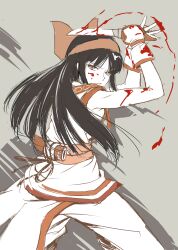 Rule 34 | 1girl, ainu clothes, ass, black hair, blood, breasts, fighting stance, grey eyes, hair ribbon, highres, legs, long hair, medium breasts, nakoruru, pants, parted lips, ribbon, samurai spirits, serious, sideboob, smile breasts, snk, solo, the king of fighters, thighs, weapon