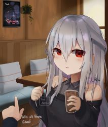 Rule 34 | 1girl, alternate costume, arknights, bare shoulders, black sweater, blush, casual, cup, drinking glass, hair between eyes, hands up, highres, holding, holding cup, indoors, long hair, long sleeves, looking at viewer, no headwear, off-shoulder sweater, off shoulder, parted lips, pillow, pointing, pov, red eyes, silver hair, skadi (arknights), solo focus, sweater, upper body, yuu azma