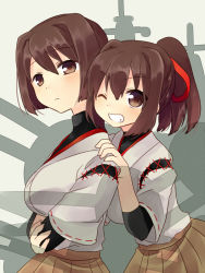 Rule 34 | 10s, 2girls, breasts, brown eyes, brown hair, crossed arms, grin, hair ribbon, hyuuga (kancolle), ise (kancolle), kantai collection, large breasts, long hair, looking at viewer, multiple girls, nagasioo, one eye closed, ponytail, ribbon, short hair, skirt, smile, wink