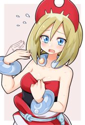 Rule 34 | 1girl, bare arms, bare shoulders, blonde hair, blue eyes, blush, border, breasts, commentary request, creatures (company), d:, flying sweatdrops, game freak, grey background, headdress, highres, irida (pokemon), nintendo, open mouth, outside border, pokemon, pokemon legends: arceus, red shirt, shirt, short hair, simple background, small breasts, solo, strapless, strapless shirt, suwa yasai, upper body, white border