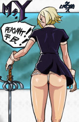 Rule 34 | 1girl, annoyed, artist request, ass, blonde hair, blue eyes, dress, from behind, gloves, highres, looking at viewer, looking back, ms. y, shiny clothes, shiny skin, short dress, short hair, solo, streets of rage, streets of rage 4, sword, thong, weapon