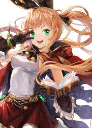 Rule 34 | 10s, 1girl, :d, bad id, bad pixiv id, bare shoulders, black gloves, blush, book, bracelet, breasts, cape, clarisse (granblue fantasy), emyo, gloves, granblue fantasy, green eyes, hair ribbon, jewelry, long hair, looking at viewer, open mouth, orange hair, ponytail, red skirt, ribbon, sideboob, skirt, smile, solo, v
