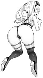 Rule 34 | 1girl, ass, azur lane, blush, from behind, goggles, goggles on head, greyscale, high heels, highres, hori (hori no su), kneeling, leonardo da vinci (azur lane), long hair, monochrome, open mouth, over-kneehighs, simple background, smile, solo, thighhighs, twintails, white background