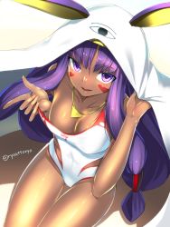 Rule 34 | 1girl, :d, aged up, bare shoulders, blush, breasts, cleavage, commentary request, competition swimsuit, cosplay, dark-skinned female, dark skin, facepaint, fate/grand order, fate (series), jewelry, large breasts, long hair, looking at viewer, looking up, medjed (fate), medjed (fate) (cosplay), necklace, nitocris (fate), nitocris (fate/grand order), nitocris (swimsuit assassin) (fate), nitocris (swimsuit assassin) (second ascension) (fate), off shoulder, one-piece swimsuit, open mouth, pulled by self, purple eyes, purple hair, ryou@ryou, sitting, smile, solo, strap pull, swimsuit, thigh gap, thighs, twitter username, under covers, very long hair, white one-piece swimsuit