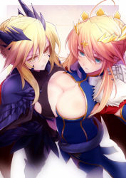Rule 34 | &gt;:(, 2girls, armor, artoria pendragon (all), artoria pendragon (fate), artoria pendragon (lancer) (fate), artoria pendragon (lancer alter) (fate), blonde hair, blue eyes, blush, bodysuit, braid, breast press, breasts, cape, cleavage, cleavage cutout, closed mouth, clothing cutout, crown, dress, fate/grand order, fate (series), foreshortening, framed breasts, french braid, from above, frown, gauntlets, green eyes, hand on own hip, horns, large breasts, looking at viewer, multiple girls, pauldrons, saber (fate), saber alter, shoulder armor, sidelocks, swept bangs, symmetrical docking, turtleneck, turtleneck bodysuit, v-shaped eyebrows, yellow eyes, yude