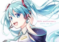 Rule 34 | 1girl, :d, ahoge, anniversary, black sleeves, blue eyes, blue hair, blue necktie, breasts, collared shirt, dated, detached sleeves, floating hair, frilled shirt, frills, from side, hair between eyes, hand on headwear, hatsune miku, headset, long hair, long sleeves, looking at viewer, microphone, necktie, open mouth, portrait, shirt, sidelocks, simple background, sleeveless, sleeveless shirt, small breasts, smile, solo, teeth, tie clip, upper teeth only, very long hair, vocaloid, white background, white shirt, yoishi (fuchi39)