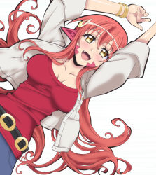 Rule 34 | 10s, 1girl, :d, bangle, bracelet, breasts, breasts apart, collarbone, eyecatch, fangs, hair ornament, hairclip, highres, jewelry, lamia, large breasts, long hair, miia (monster musume), monster girl, monster musume no iru nichijou, open mouth, pointy ears, red hair, scales, simple background, slit pupils, smile, solo, very long hair, white background, yellow eyes