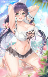 Rule 34 | 1girl, arms behind head, arms up, beach, bespectacled, bikini, blurry, blurry foreground, blush, breasts, cleavage, clothing cutout, covered erect nipples, cross-laced clothes, cross-laced cutout, flower, glasses, green eyes, highres, hozumi kaoru, inflatable toy, kneeling, large breasts, long hair, looking at viewer, love live!, navel, open mouth, petals, pink-framed eyewear, purple hair, skirt, sky, smile, swept bangs, swimsuit, thighhighs, thighs, tojo nozomi, twintails, very long hair, zettai ryouiki