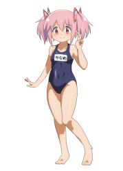 Rule 34 | 1girl, bare shoulders, barefoot, blush, breasts, closed mouth, collarbone, dot nose, feet, female focus, full body, hateri, highres, kaname madoka, legs, looking at viewer, mahou shoujo madoka magica, medium hair, name tag, no shoes, no socks, one-piece swimsuit, pink eyes, pink hair, school uniform, simple background, small breasts, smile, solo, standing, swimsuit, thighs, v, white background