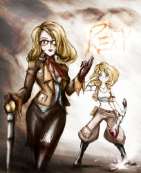 Rule 34 | 2girls, age progression, blonde hair, blood, boots, bracelet, breasts, cane, cleavage, combat boots, dual persona, earrings, glasses, gloves, gradient background, highres, jacket, jewelry, jurassic park, jurassic world, lolita majin, medium breasts, medium hair, multiple girls, necklace, pants, personification, rexy (jurassic park), severed limb, short hair, skirt, tyrannosaurus rex, yellow eyes