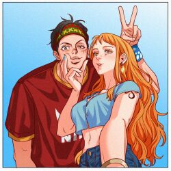 Rule 34 | 1boy, 1girl, alternate costume, arm tattoo, black hair, blue background, blue nails, bracelet, couple, denim, earrings, facial scar, fingers on another&#039;s face, headband, jeans, jewelry, long hair, looking at viewer, monkey d. luffy, mush820823, nail polish, nami (one piece), navel, one piece, orange hair, pants, scar, scar on cheek, scar on face, short hair, short sleeves, tattoo, v