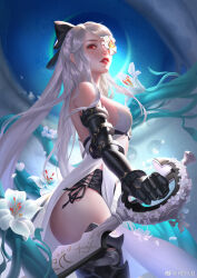 Rule 34 | bare shoulders, boots, breasts, drag-on dragoon, drag-on dragoon 3, flower in eye, from side, hair ribbon, hei lei, highres, holding, holding sword, holding weapon, long hair, mechanical arms, medium breasts, parted lips, red eyes, reverse grip, ribbon, sideboob, single mechanical arm, sword, symbol in eye, teeth, thigh boots, thighs, upper body, weapon, white hair, zero (drag-on dragoon)