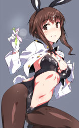 Rule 34 | 1girl, animal ears, black pantyhose, blush, breasts, brown eyes, brown hair, cleavage, condom, cum, cum on body, cum on breasts, cum on hair, cum on lower body, cum on upper body, em (totsuzen no hakike), facial, fake animal ears, gloves, leotard, looking at viewer, military, military uniform, navel, one-piece swimsuit, pantyhose, pantyhose under swimsuit, playboy bunny, rabbit ears, rabbit tail, short hair, sidelocks, smile, solo, strike witches, sweat, swimsuit, swimsuit under clothes, tail, takei junko, uniform, used condom, white gloves, world witches series