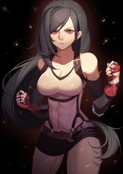 Rule 34 | 1girl, abs, absurdres, bandaged hand, bandages, bare shoulders, belt, black background, black bra, black gloves, black hair, black skirt, bra, breasts, brown belt, cleavage, clenched hand, cowboy shot, crop top, elbow gloves, final fantasy, final fantasy vii, final fantasy vii remake, gloves, highres, large breasts, light rays, long hair, looking at viewer, midriff, miniskirt, navel, red eyes, red gloves, shirt, skirt, sleeveless, sleeveless shirt, solo, sports bra, sunbeam, sunlight, suspenders, swept bangs, thighs, tifa lockhart, underwear, w arms, white shirt, whither laws