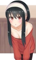 Rule 34 | 1girl, absurdres, bare shoulders, black hair, blurry, blurry background, blush, breasts, cleavage, clueless, downblouse, earrings, hands on own knees, highres, jewelry, katsuragi b k, leaning forward, long hair, looking at viewer, medium breasts, off shoulder, parted lips, red eyes, red sweater, solo, spy x family, sweater, textless version, yor briar