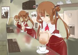 Rule 34 | 3girls, ;), apron, breast milk, breasts, breasts squeezed together, brown hair, cafe, closed eyes, coffee, coffee mug, counter, cup, employee uniform, food, girls&#039; frontline, green eyes, ice cream, lactating into container, lactation, large areolae, large breasts, milk, mug, multiple girls, naughty face, nipples, one breast out, one eye closed, overalls, rugarer, smile, springfield (girls&#039; frontline), suisogenshi, teacup, teapot, twintails, uniform