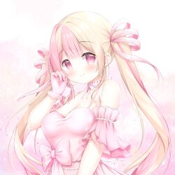 Rule 34 | 1girl, bare shoulders, blonde hair, blush, bow, breasts, cleavage, closed mouth, collarbone, commentary, copyright request, dress, english commentary, gloves, hair ribbon, hand up, highres, long hair, medium breasts, multicolored hair, pink bow, pink dress, pink eyes, pink gloves, pink hair, pink ribbon, renew vivi, ribbon, sleeveless, sleeveless dress, smile, solo, twintails, two-tone hair, upper body, very long hair, virtual youtuber
