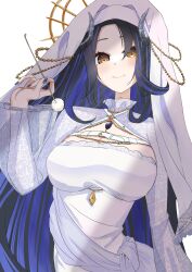 Rule 34 | 1girl, absurdres, belt, black brooch, black hair, blue hair, blue nails, blush, breasts, brown eyes, chest belt, cleavage, closed mouth, coif, commentary request, curled horns, demon girl, demon horns, dress, grey horns, habit, hair between eyes, hebiyoi tier, hebiyoi tier (2nd costume), highres, holding, horns, large breasts, long hair, long sleeves, looking at viewer, mimikaki, multicolored hair, nami/wave, nanashi inc., nun, official alternate costume, sidelocks, smile, solo, two-tone hair, upper body, virtual youtuber, white belt, white dress