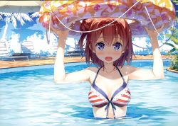 Rule 34 | 10s, 1girl, absurdres, arms up, beach umbrella, bikini, blush, breasts, chair, cleavage, collarbone, front-tie top, halterneck, highres, innertube, kantoku, looking at viewer, lounge chair, medium breasts, open mouth, partially submerged, pink hair, pool, purple eyes, scan, smile, solo, striped bikini, striped clothes, swim ring, swimsuit, umbrella, yahari ore no seishun lovecome wa machigatteiru., yuigahama yui